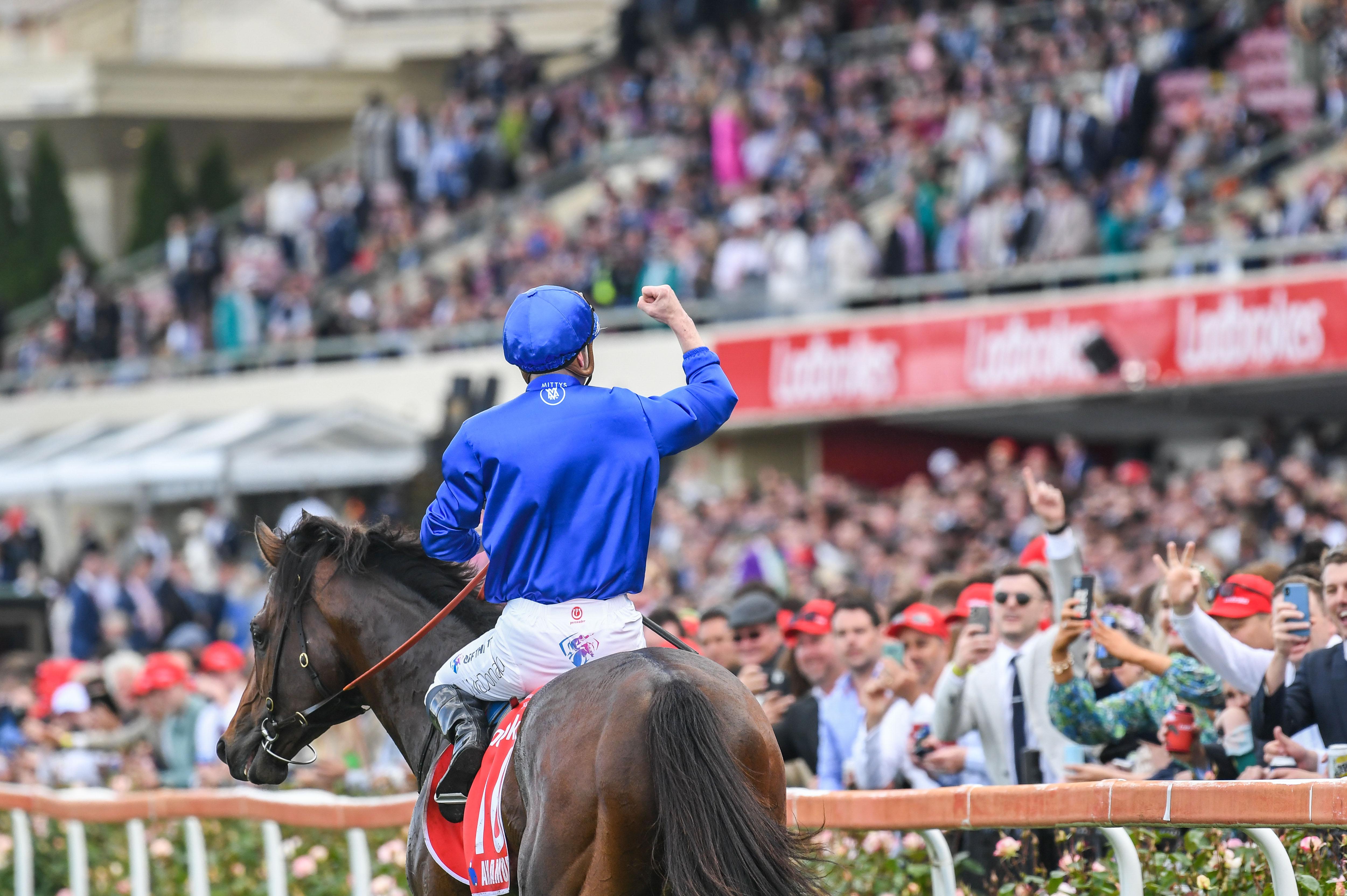A popular result; James McDonald and Anamoe after winning the Centenary running of the W.S. Cox Plate