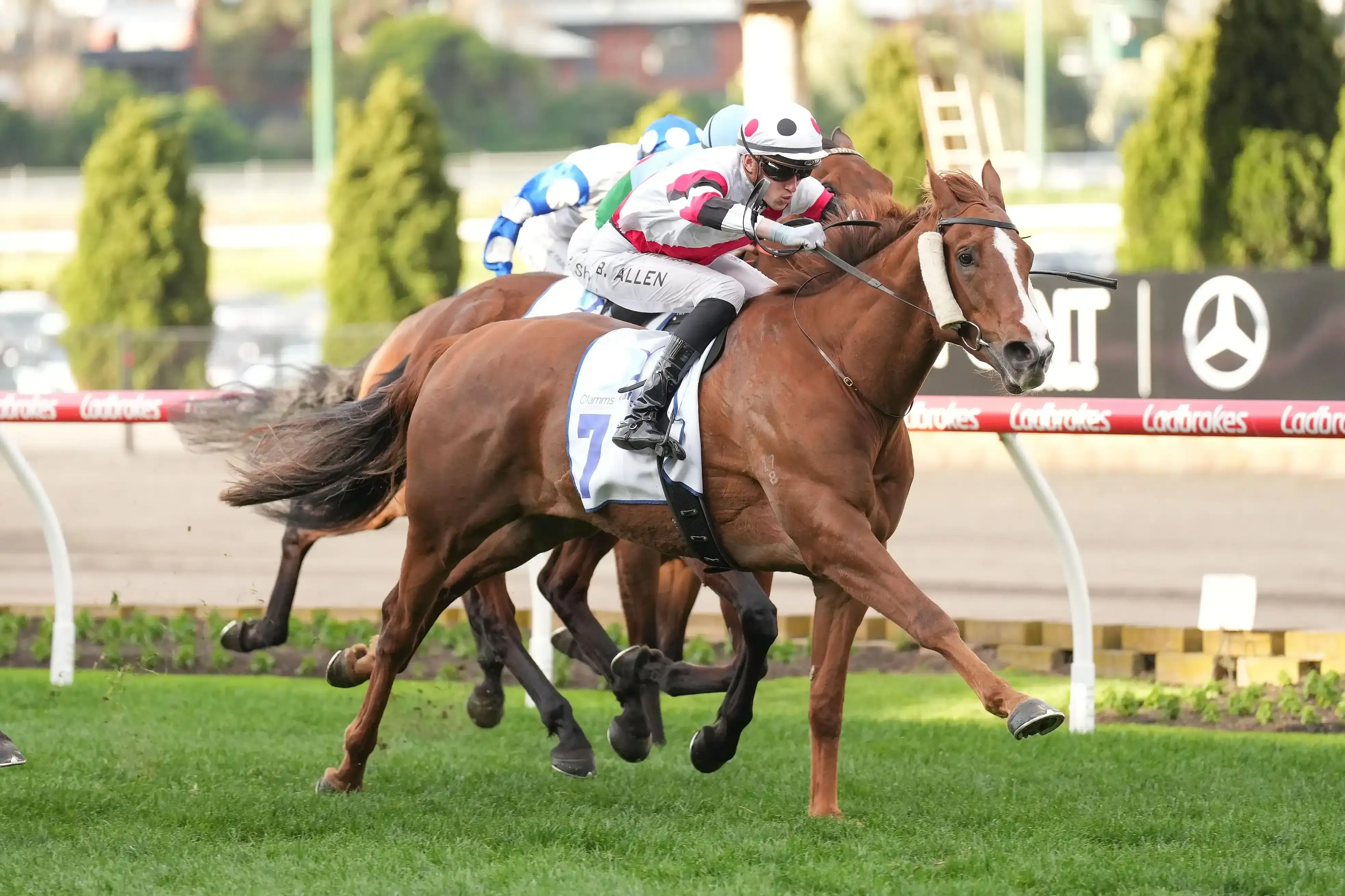 Pinstriped winning the Group 2 Feehan Stakes at The Valley in 2023